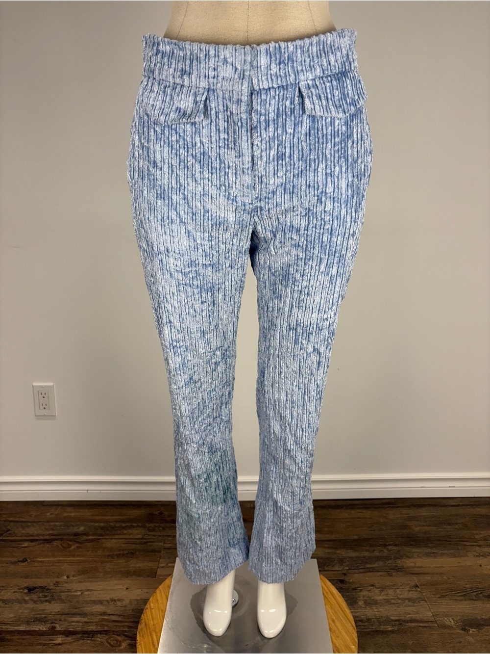 Dorothee Schumacher Ice Blue Crinkle Velvet Flared Luxury Textured Trousers M